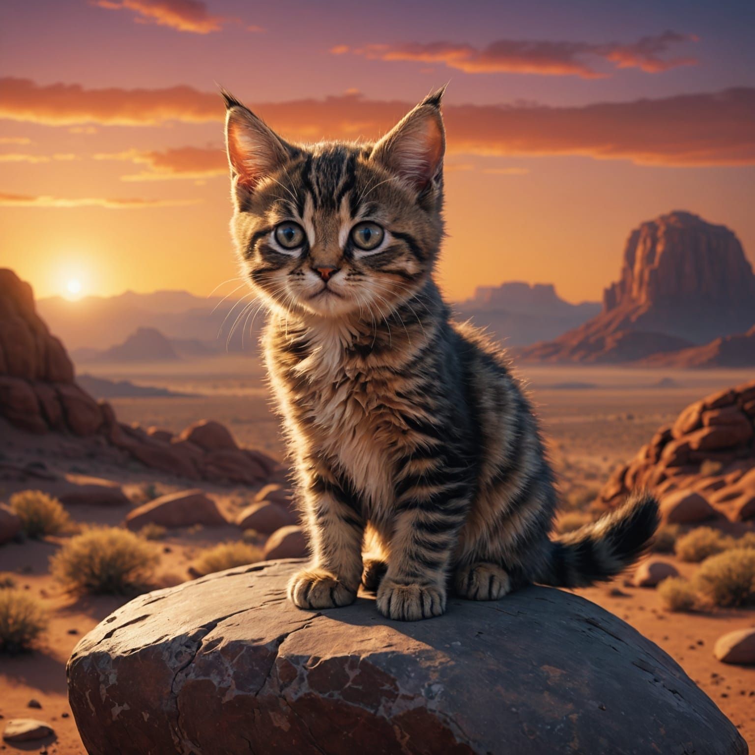 Grumpy Kitten at Desert Sunset: Fantasy Concept Art