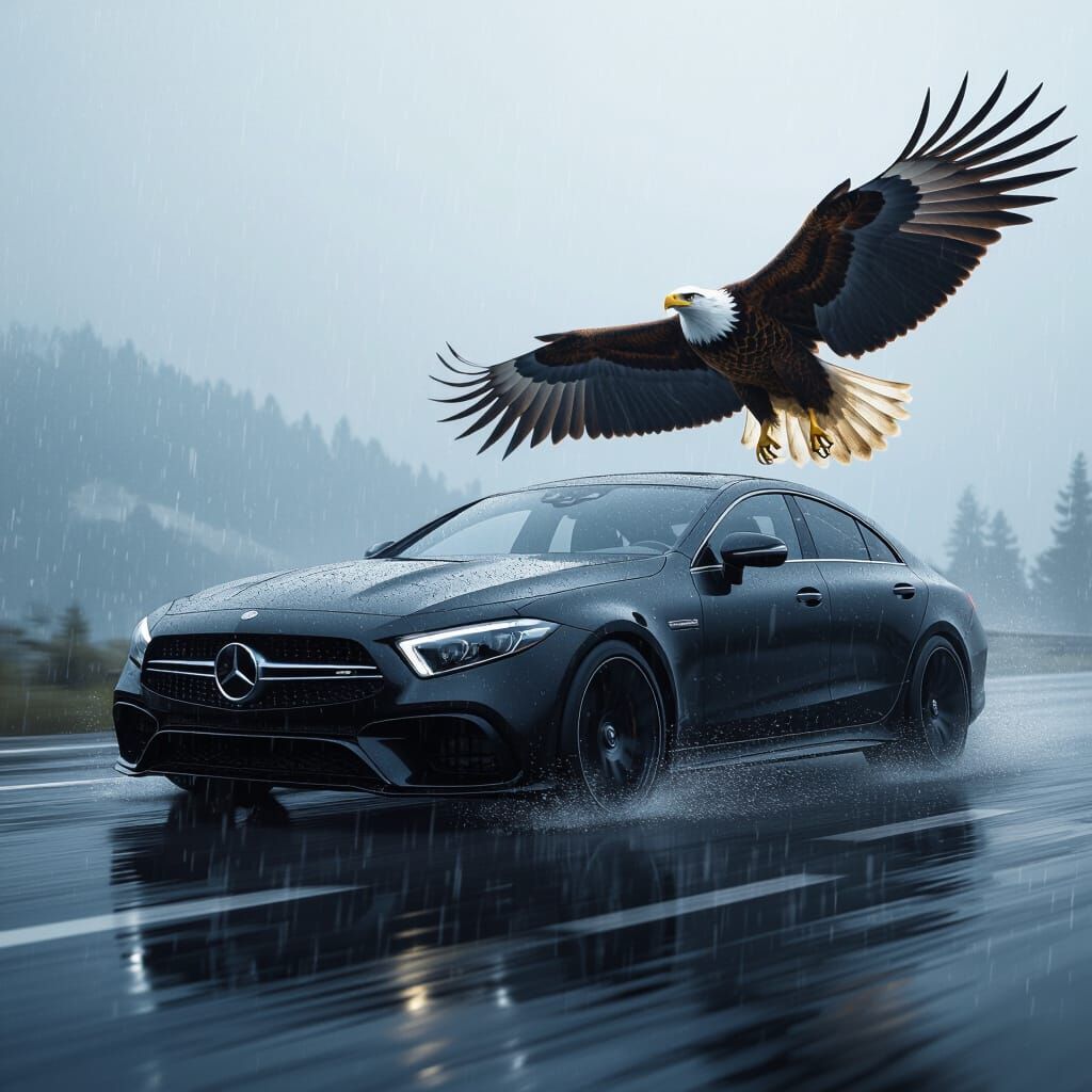 Black Mercedes Driving in Rain with Eagle