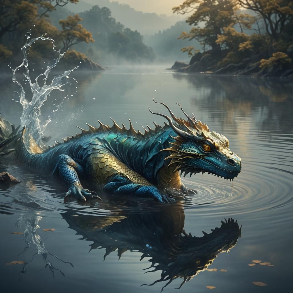 Majestic Water Dragon Emerges from Misty Lake