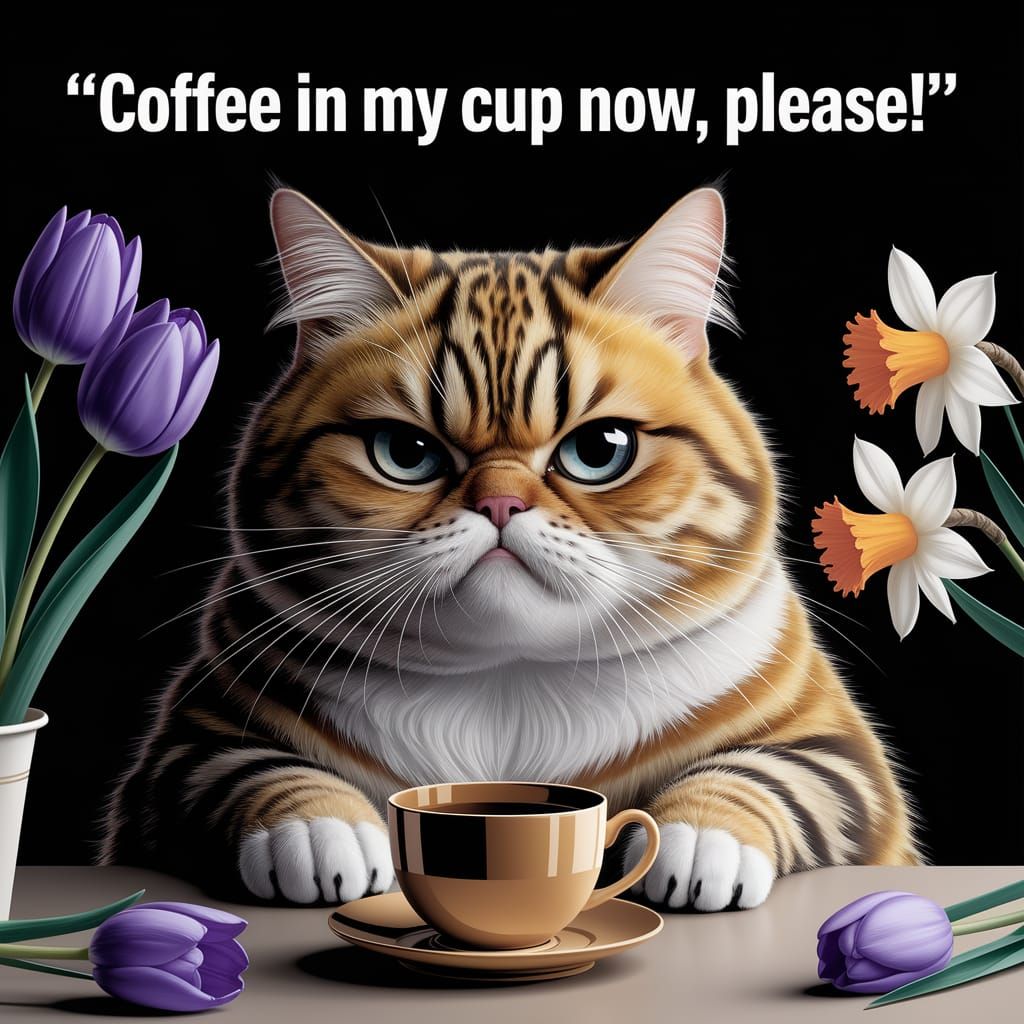 Text above the cat: "Coffee in my cup now, please!" One fat cat, yellow cat with black eyes and orange hair with a disgr...
