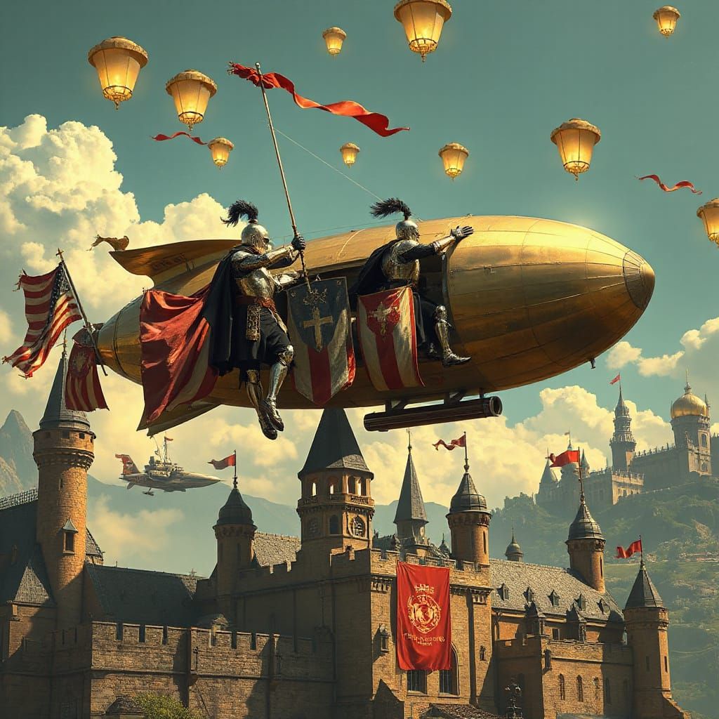 Knights in Steam-Powered Airships Over Medieval Castle