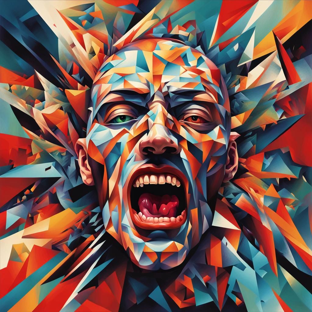 Geometric Fauvism: Distorted Scream in Neo-Cubist Style