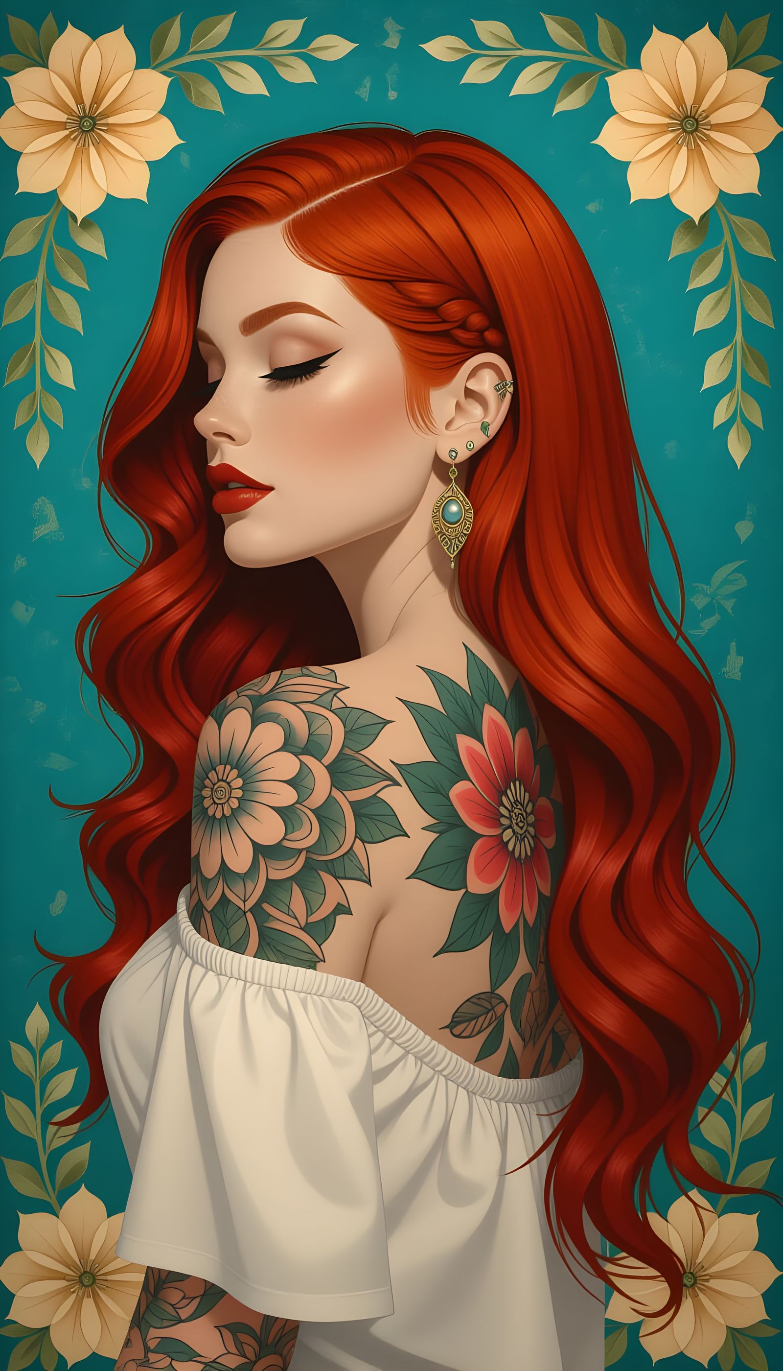 Woman With Red Hair and Tattoo in Hyperrealistic Splash Art