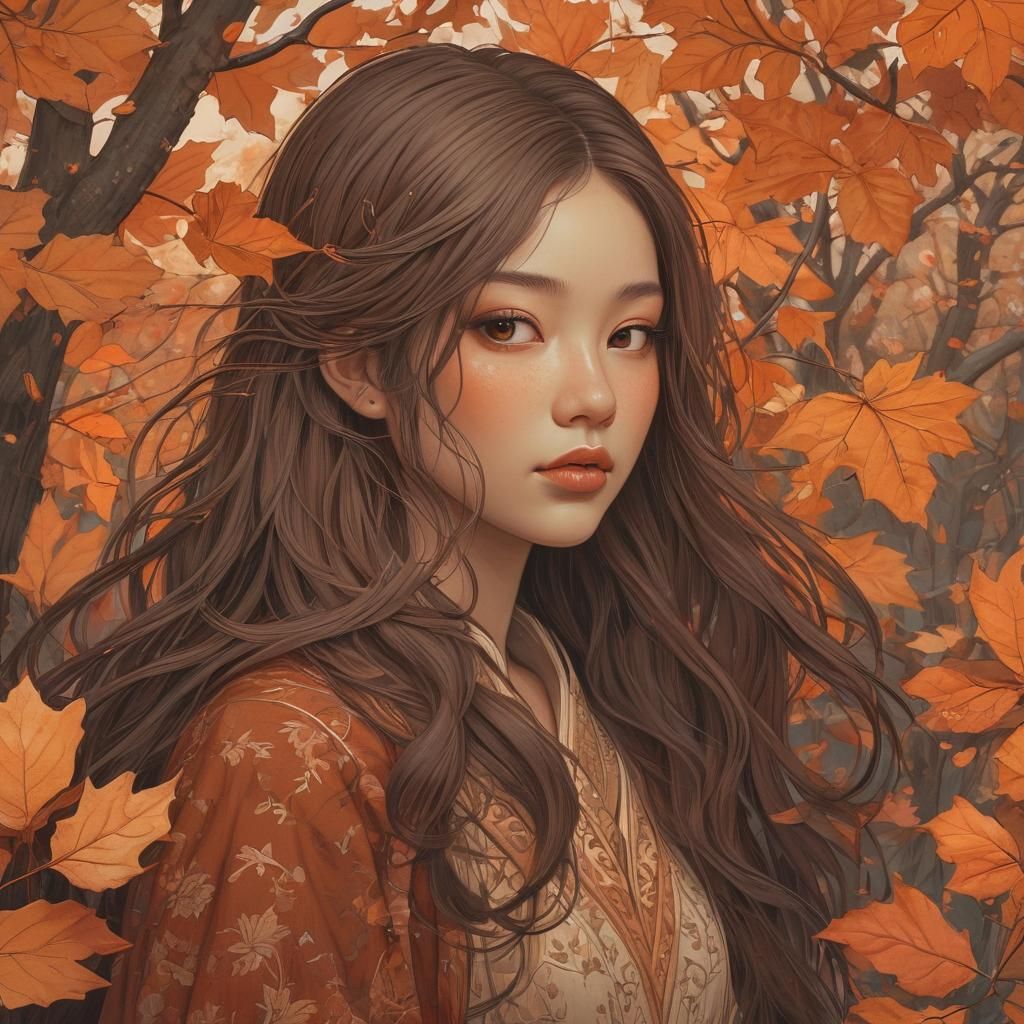 Ethereal Autumn Mage Fantasy Illustration on Wood