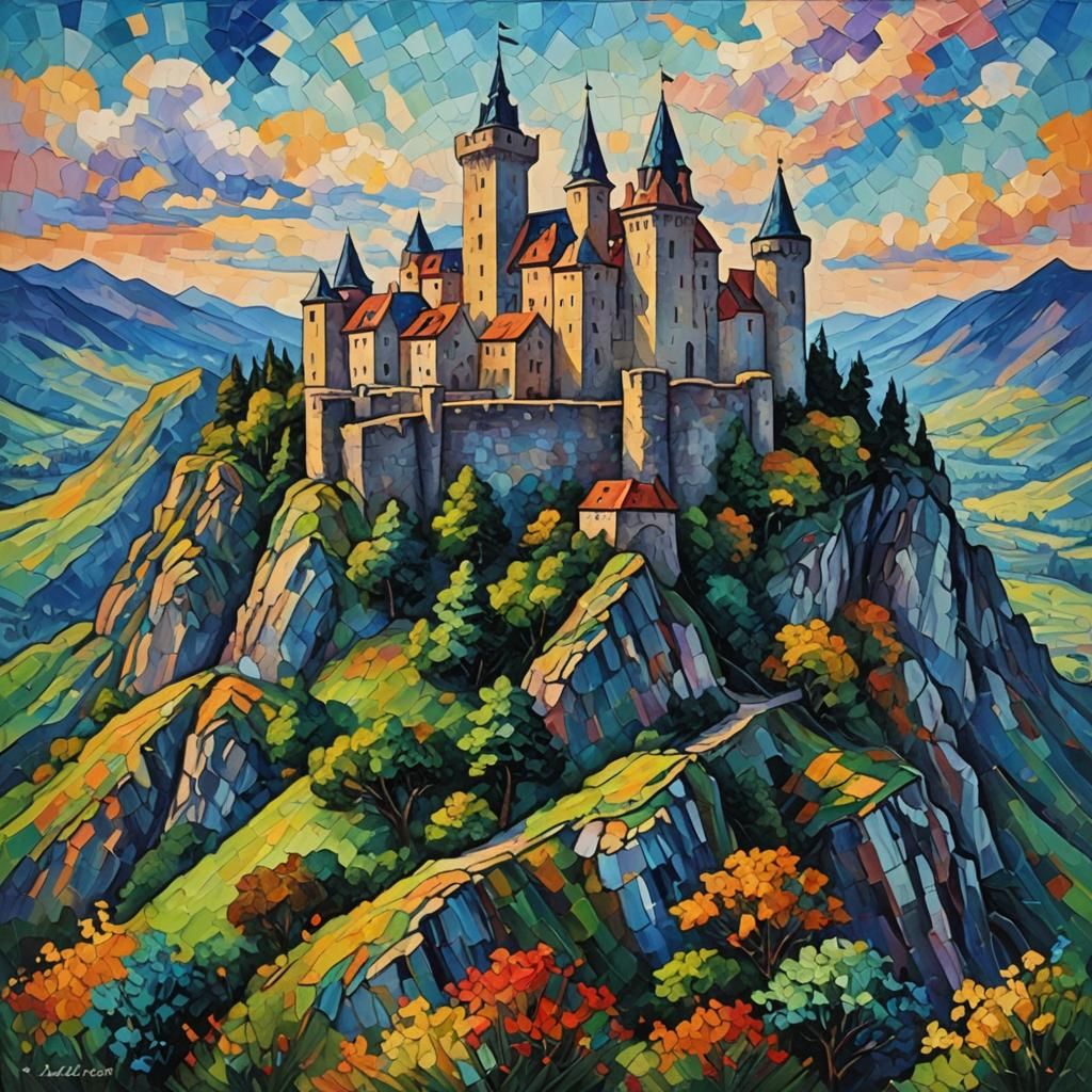 Mountain Castle in Expressionist Oil Painting Style