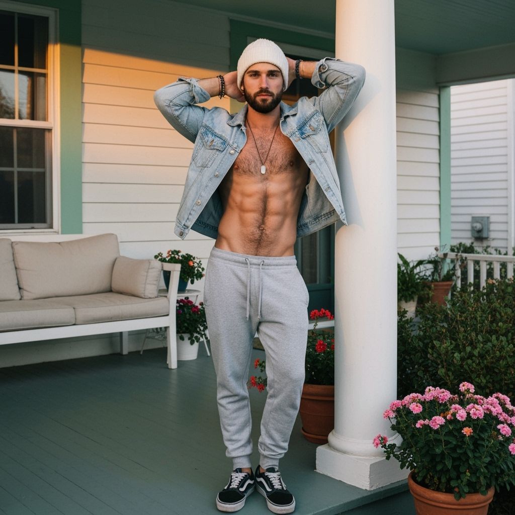 Man Poses on Sunlit Suburban Porch in Denim Jacket