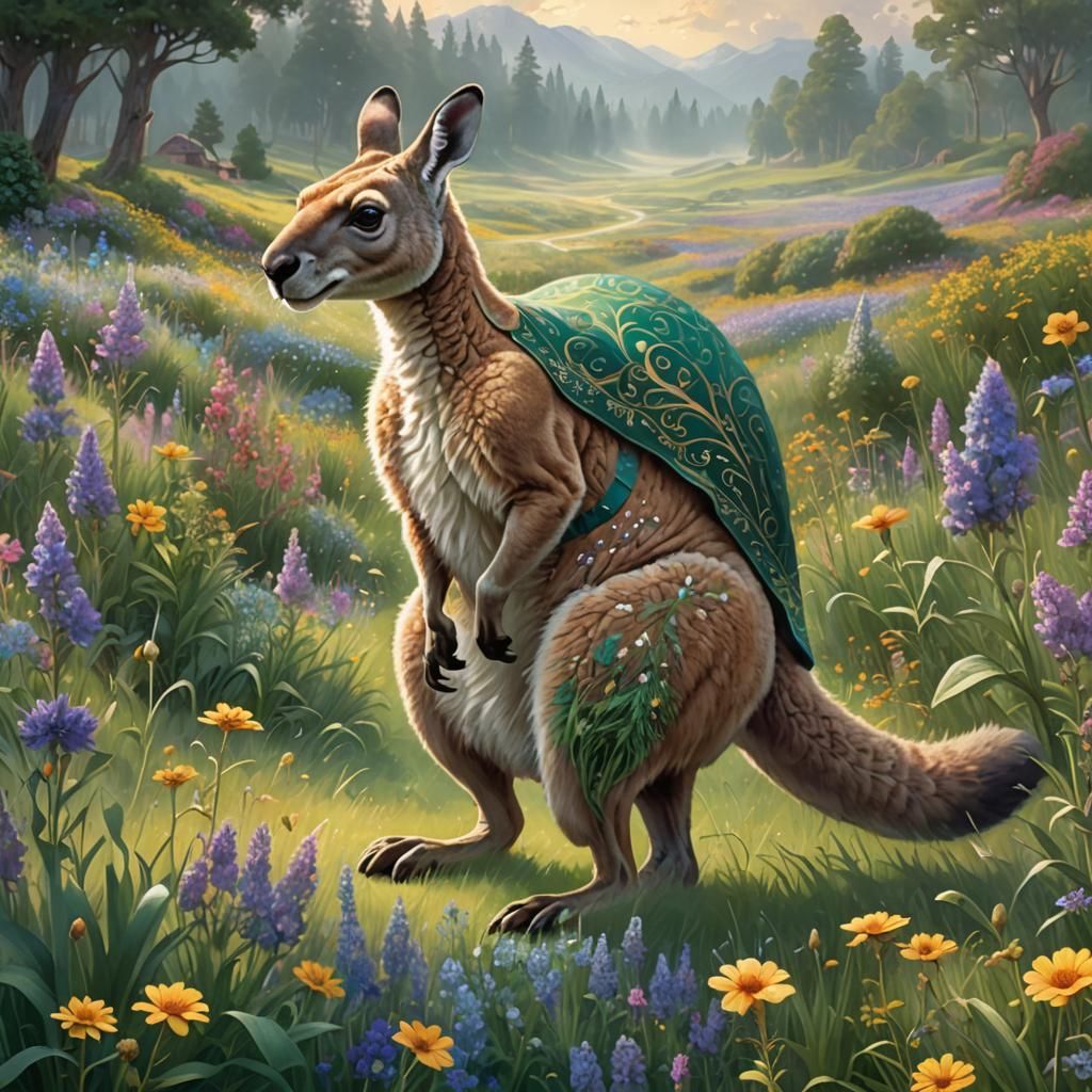 "A surreal fantasy scene of a kangaroo, the size of a small ...