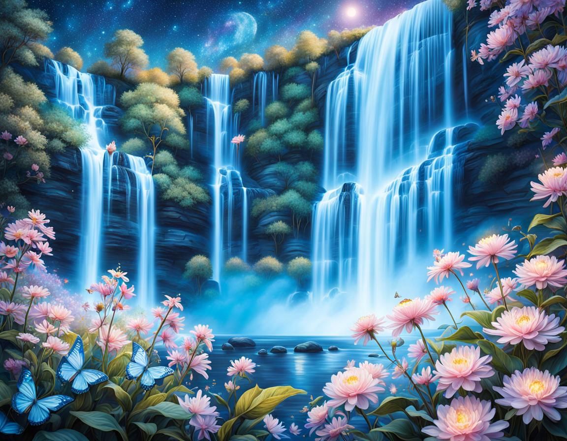 Ethereal Waterfall at Night in Magical Realism