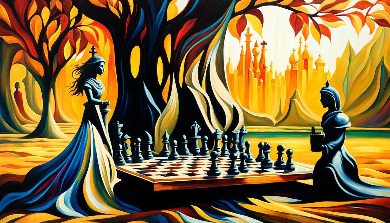 Surrealist Chess Game with Human Figures as Oil Painting