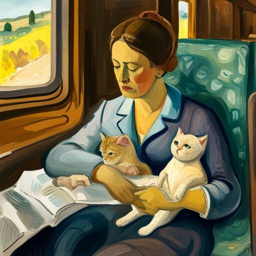 Sad Cat-Human Mother and Babies on Train