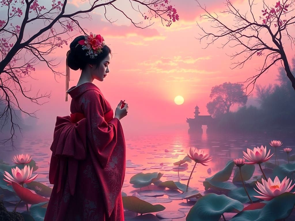 Geisha in Lotus Pond at Sunset: Fantasy Art