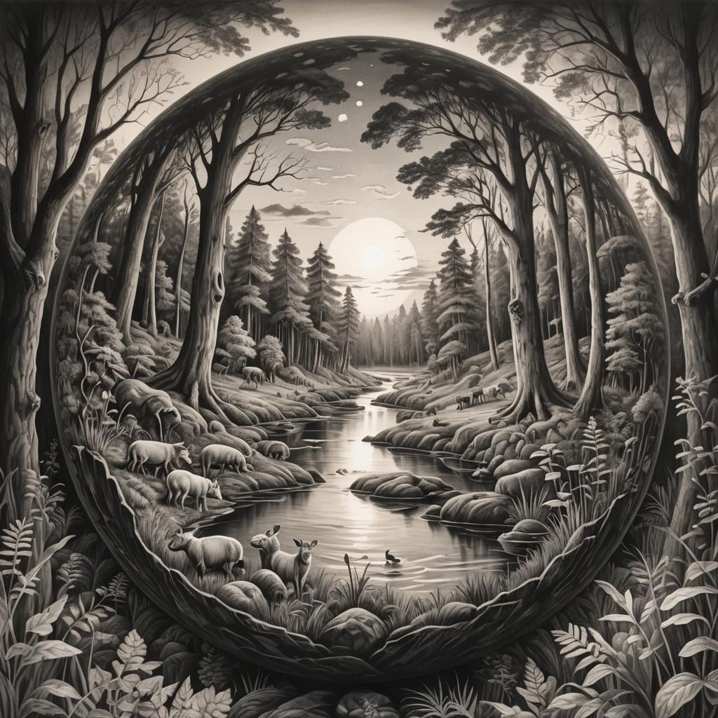Forest in a Sphere: Hyperdetailed Charcoal Drawing