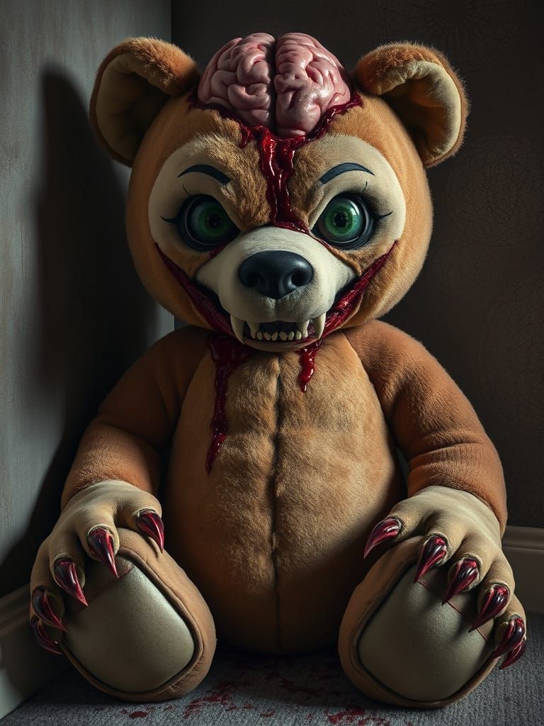 Evil Stuffed Bear with Human Brain, Dark Fantasy Art