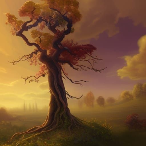 Watercolor Countryside Scene with Tree and Vines