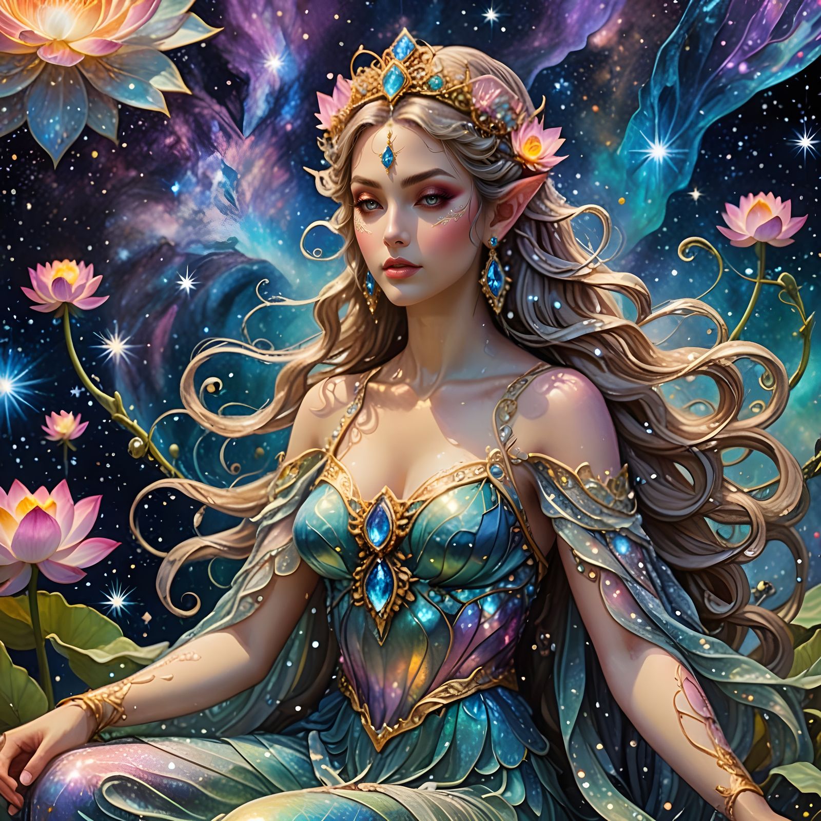 Goddess on Lotus Flower in Cosmic Fantasy Style