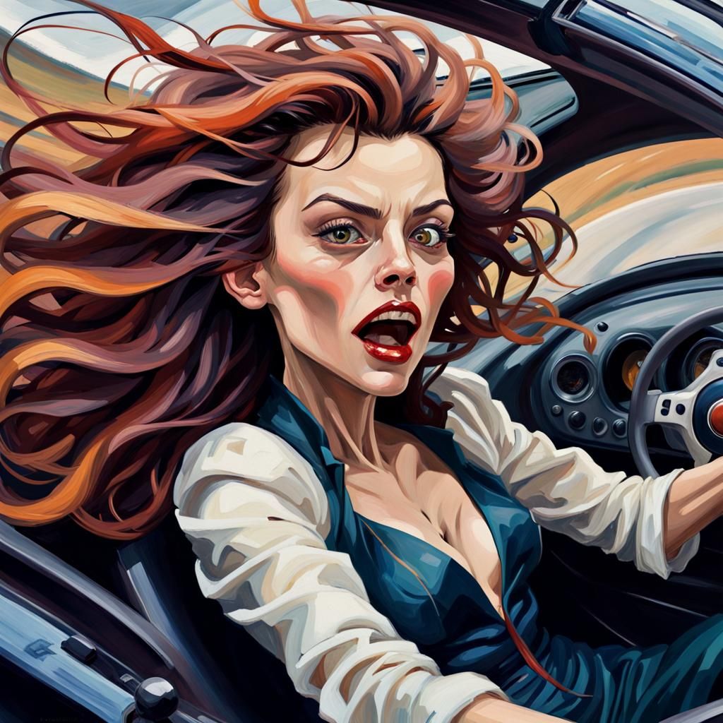 Woman in Vampire Supercar: Surrealist Fauvist Art