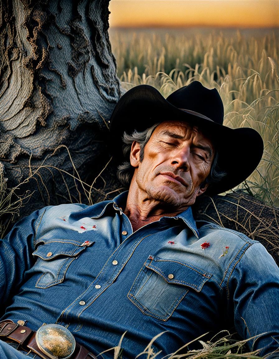 Cowboy Sleeping in Prairie Sunset, Photorealistic Style