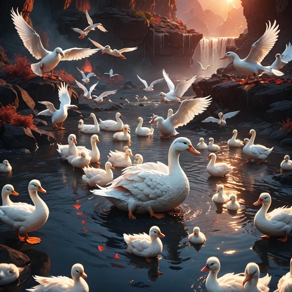 Dragon-Winged Ducks on River of Magma: Matte Painting