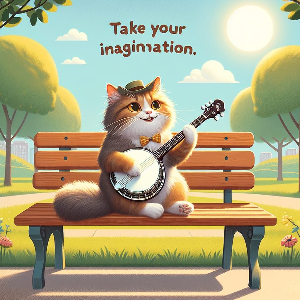 Whimsical Cat Plays Banjo on a Quaint Park Bench