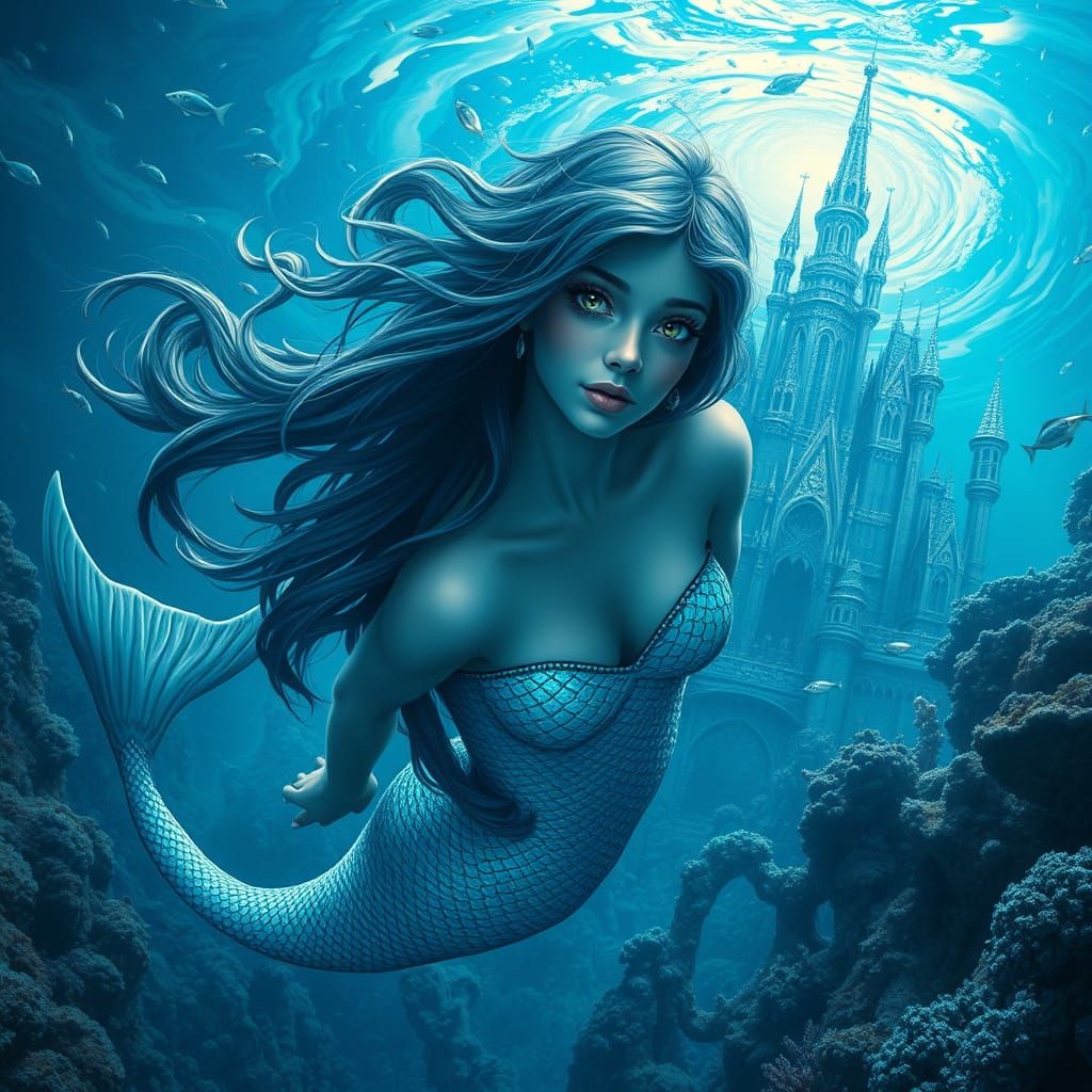 Majestic Mermaid in Baroque-Style Underwater Castle