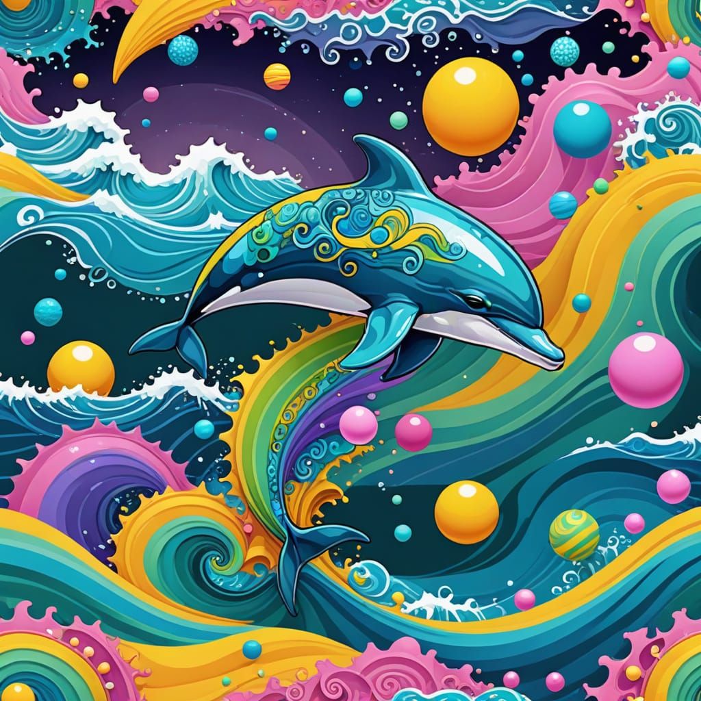 Psychedelic Dolphin in Abstract Sea