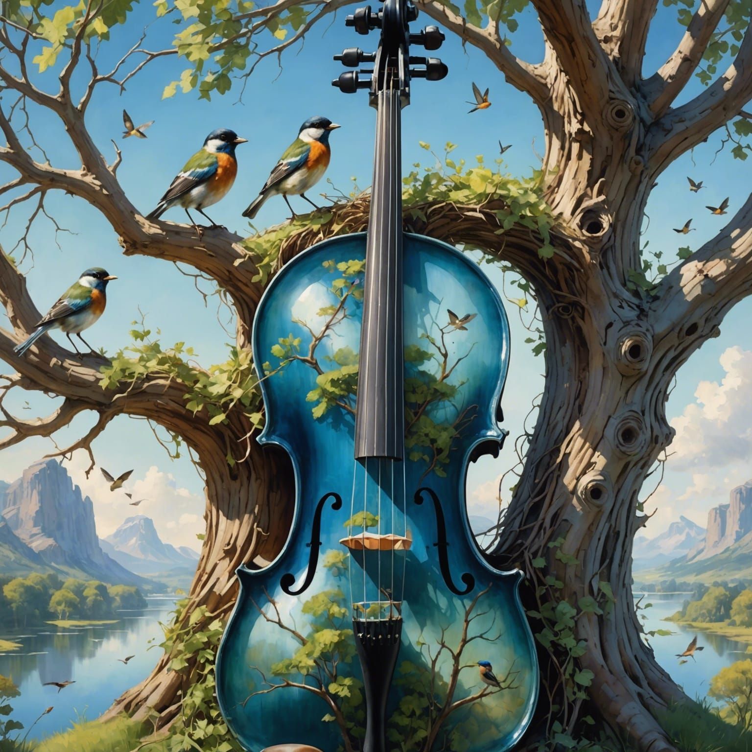 Cello and Tree Double Exposure in Watercolor Style