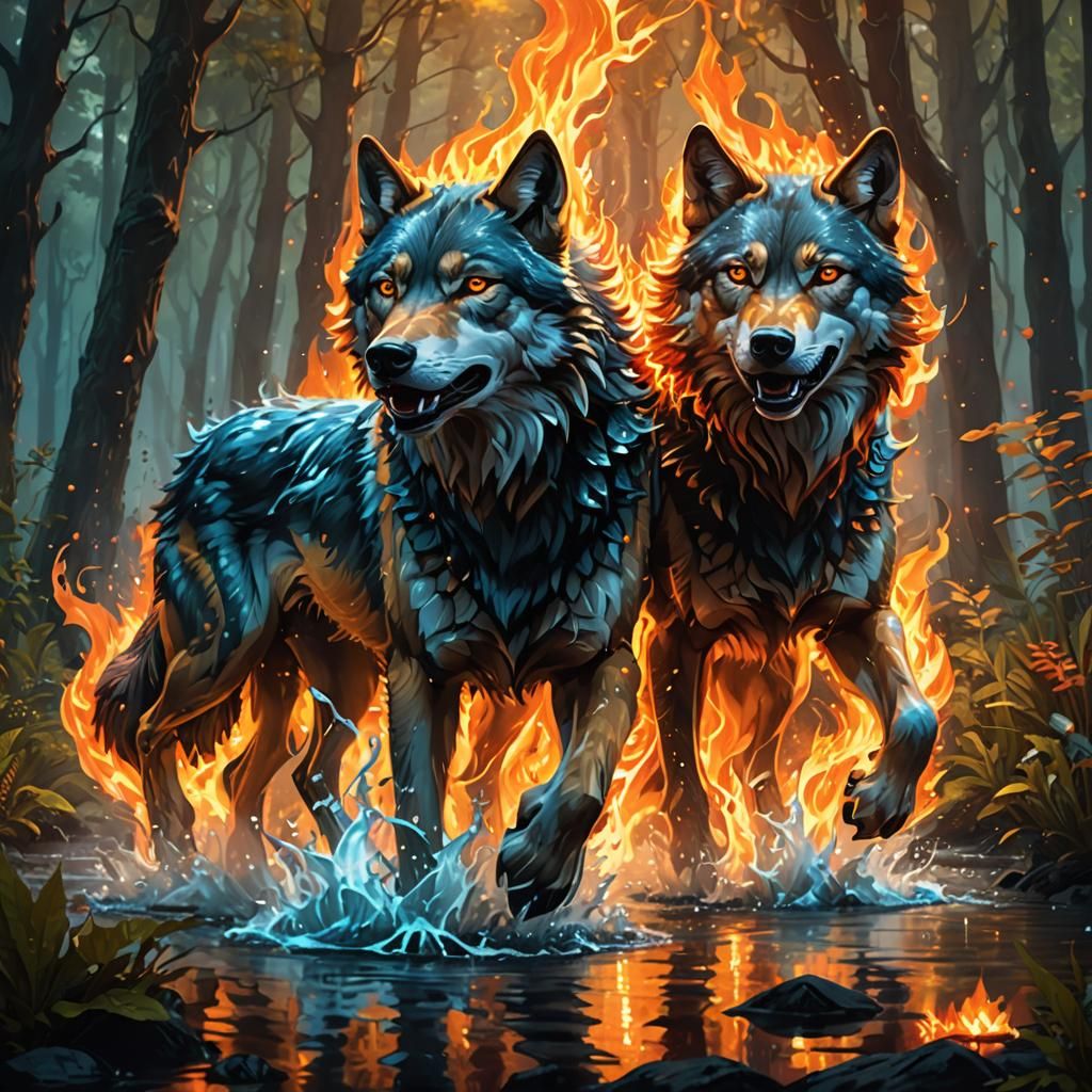 Elemental Wolves Run in Fantasy Forest Digital Art