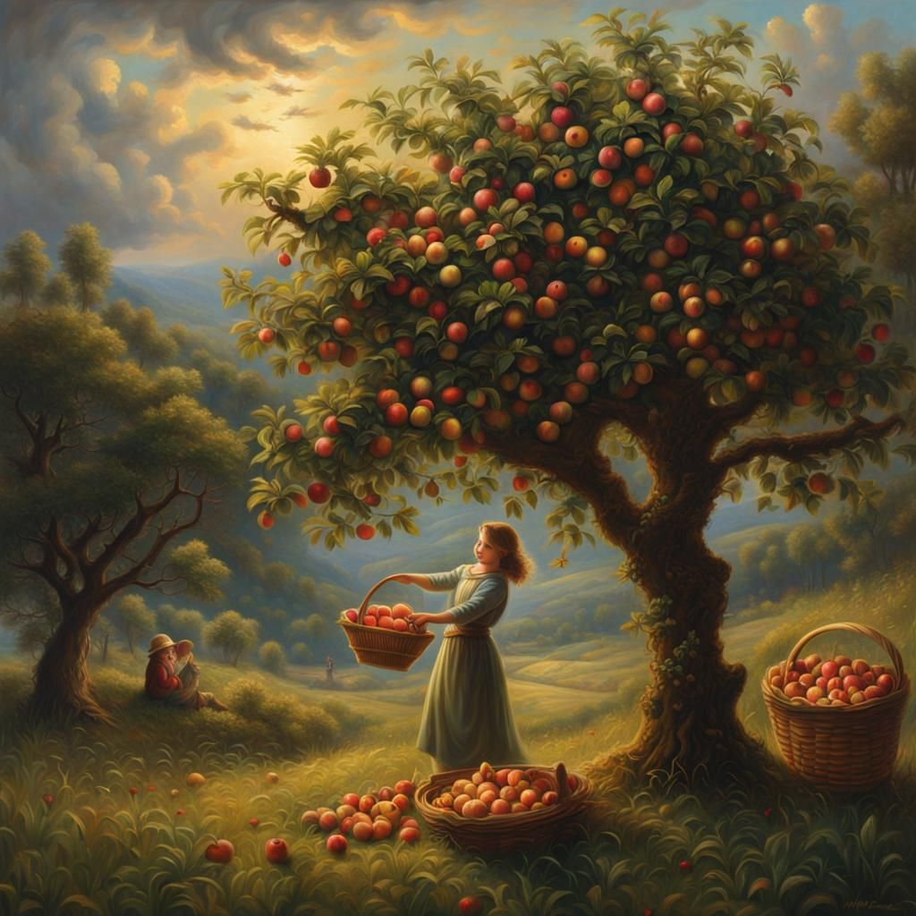 Hyperdetailed Oil Painting of Apple Harvest