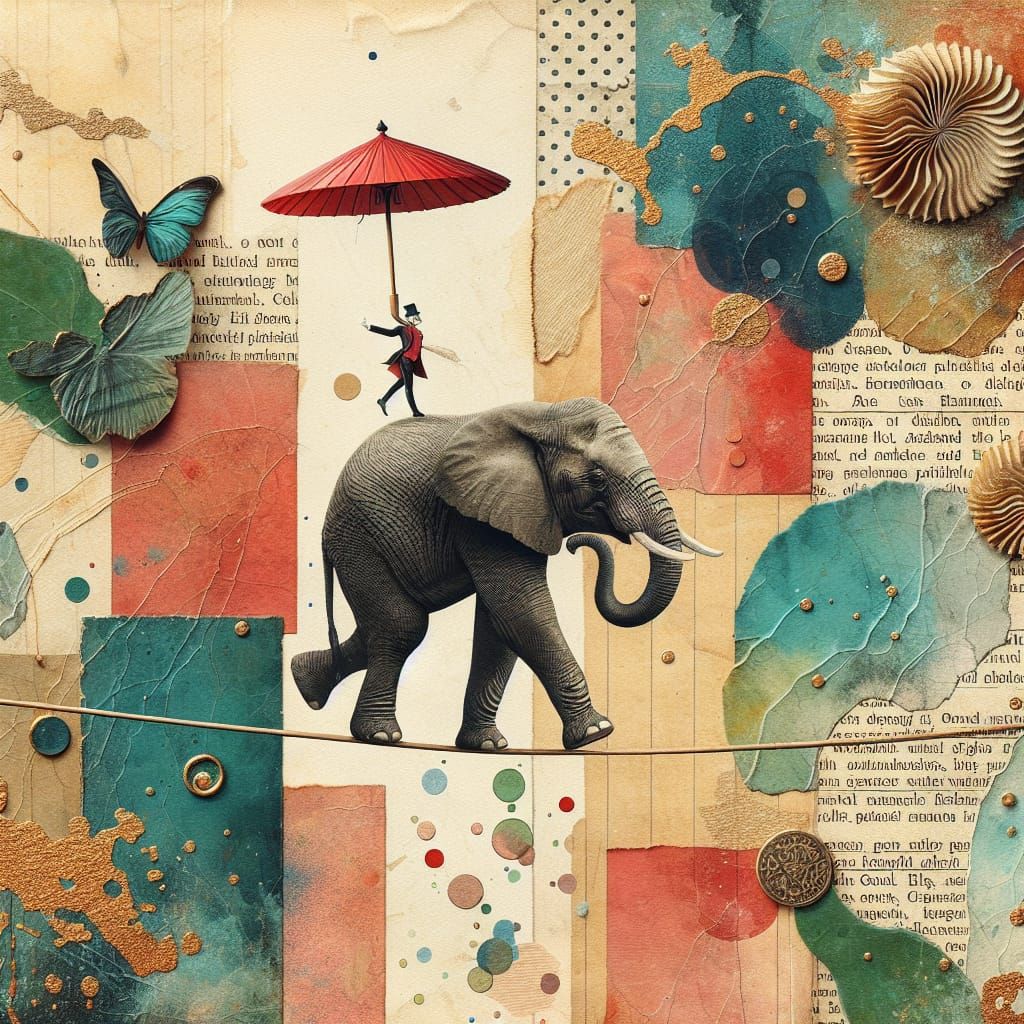 Elephant Tightrope Walker in Surreal Collage Art