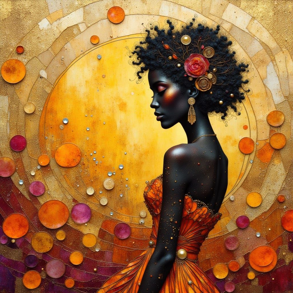 African Princess Silhouette with Floral Dress in Encaustic S...