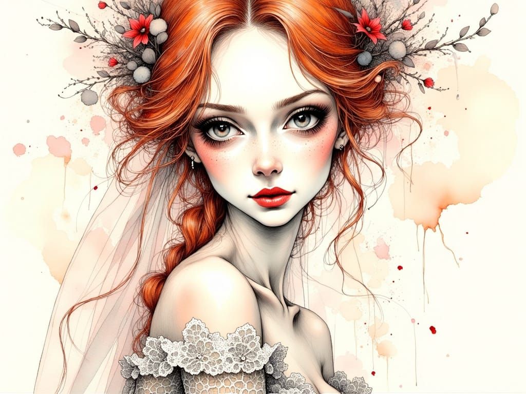 Ink Crosshatch Portrait of Redhead in Wedding Gown