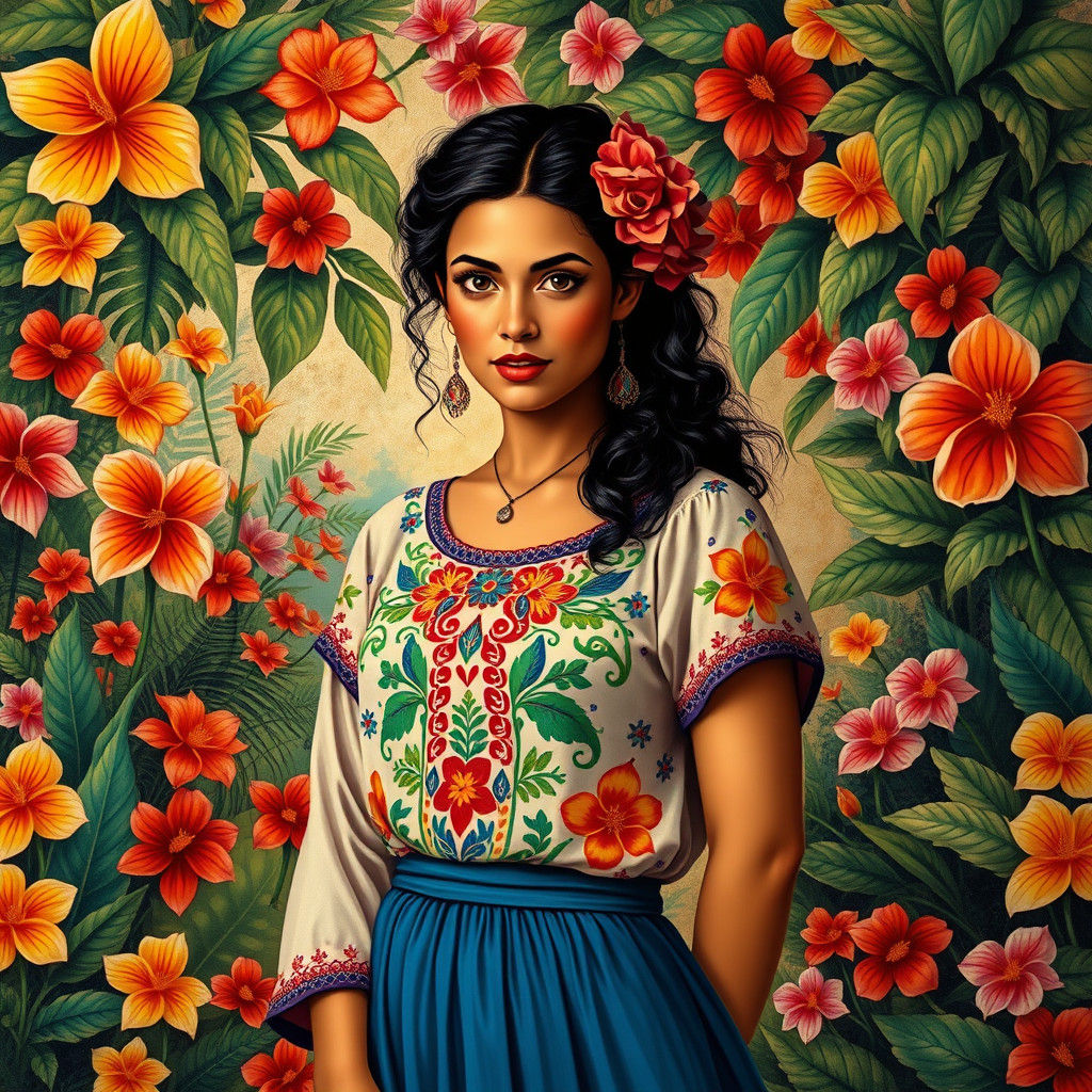 Latina Portrait in Lush Garden, Mexican Muralism Style