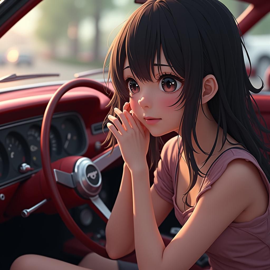 Crying Girl in Ford Mustang: 3D Anime Art