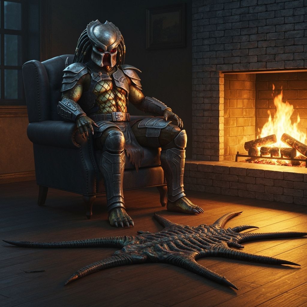 Predator Relaxing by Fireplace with Xenomorph Rug