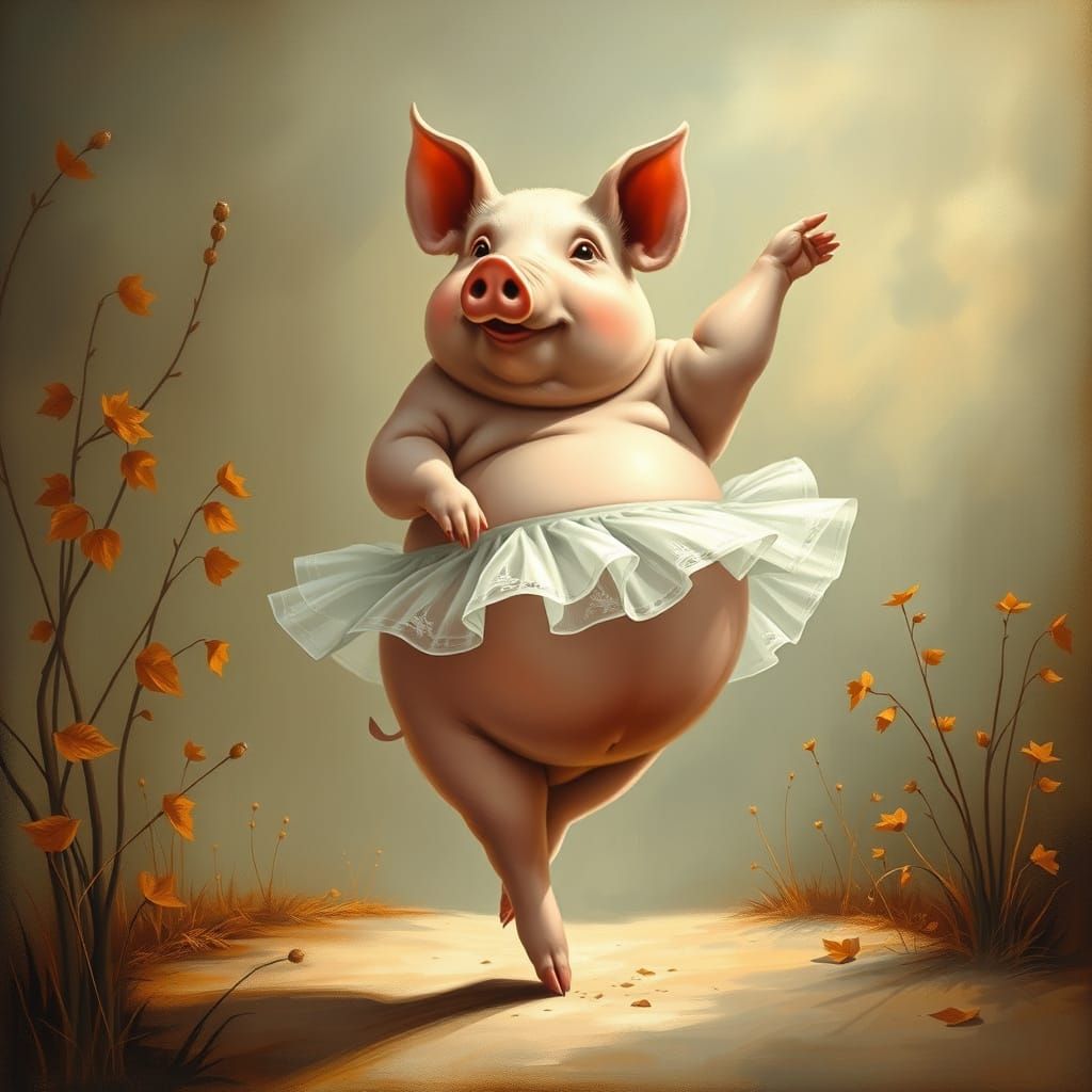 Plump Pig Ballerina in Surrealist Autumn Dreamscape