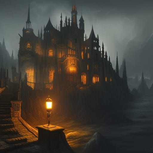 Night Castle Noir Landscape in Detailed Matte Painting
