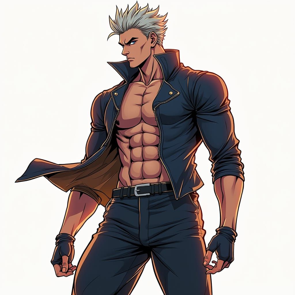 Muscled Anime-Inspired Warrior Stepping Out of the Shadows