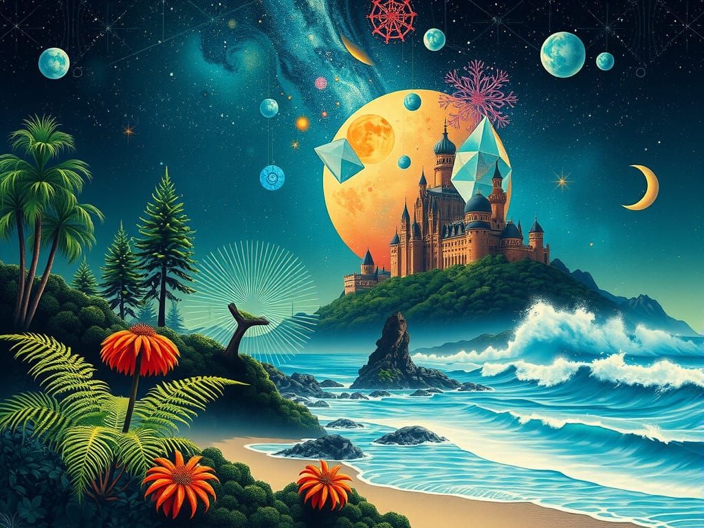 Alien Seaside with Boreal Forest and Cosmic Ferns