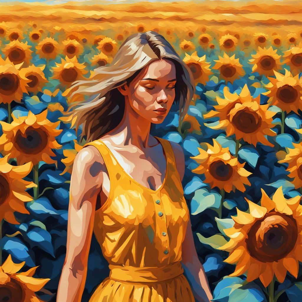 Woman in Sunflower Field: Impressionist Digital Art