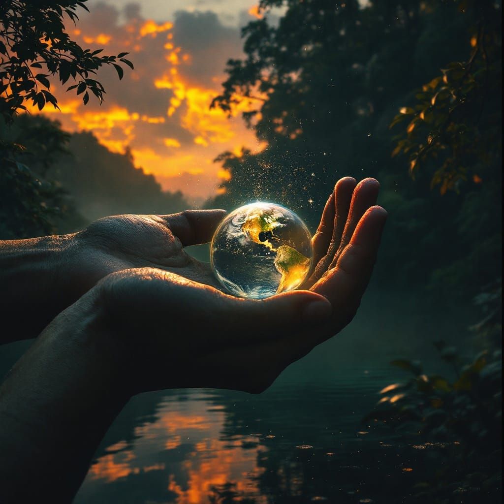 Hand Cradling Earth Reveals Rainforest: Cinematic Still