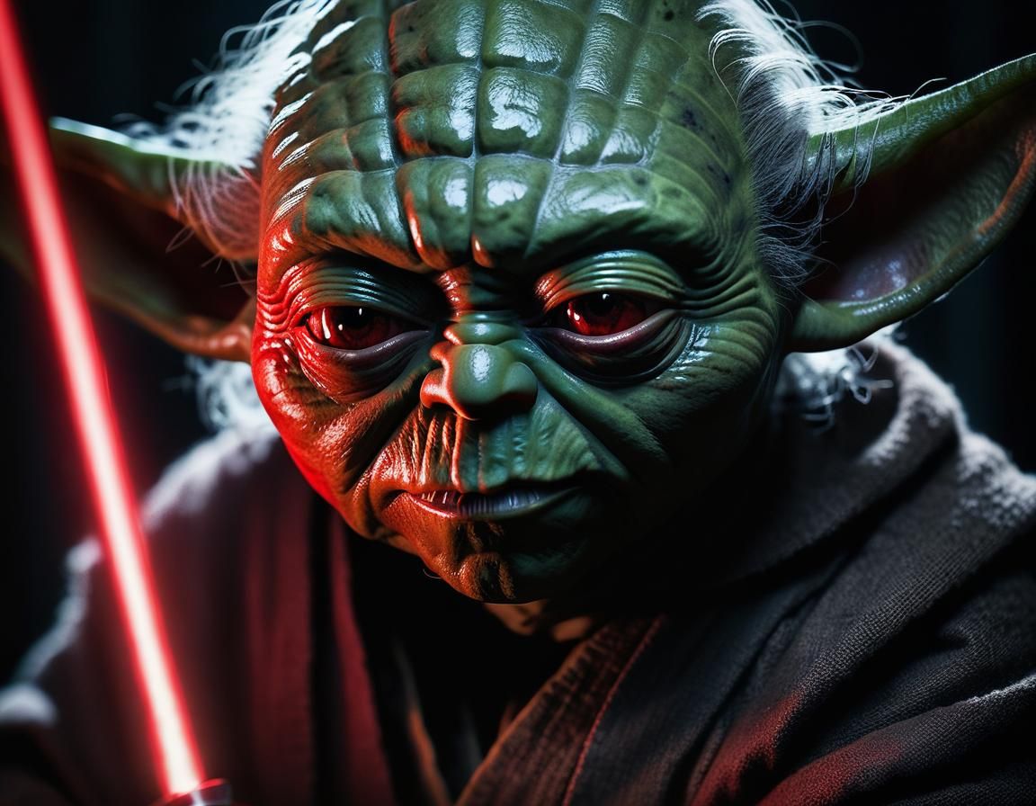 Dark Yoda Gripping Red Saber: Cinematic Close-Up