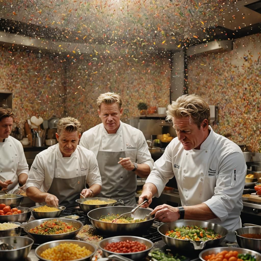 Gordon Ramsay Instructs Chef: A Pointillist Kitchen Scene