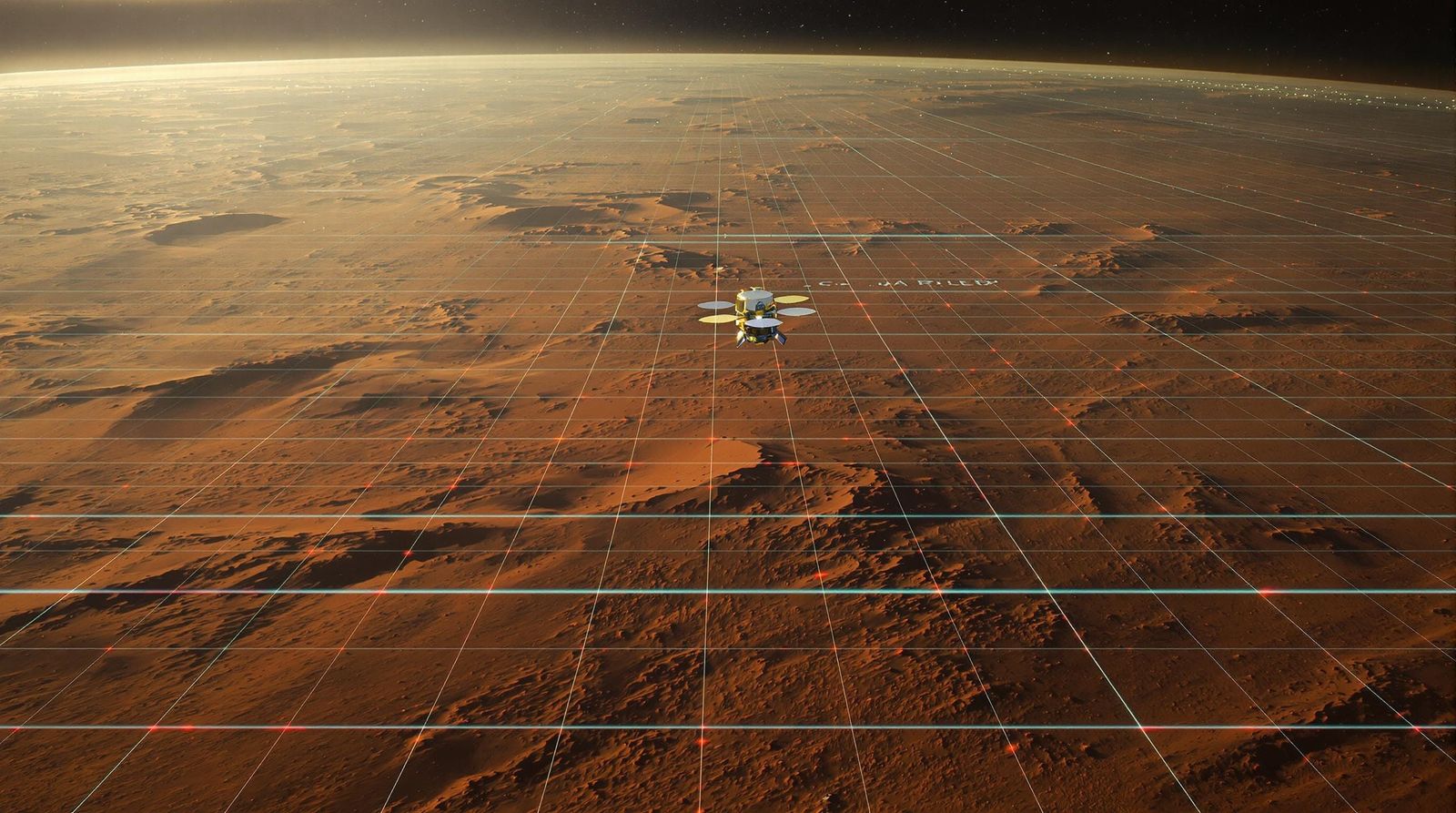 Vast, Barren Martian Landscape with Distant Satellite