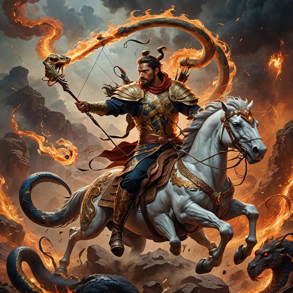 Godlike Archer on Fiery Steed: Hyperrealistic Splash Art