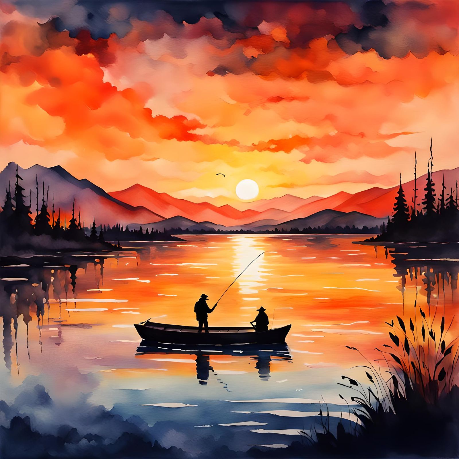 Sunset Fisherman in Gouache Watercolor Style