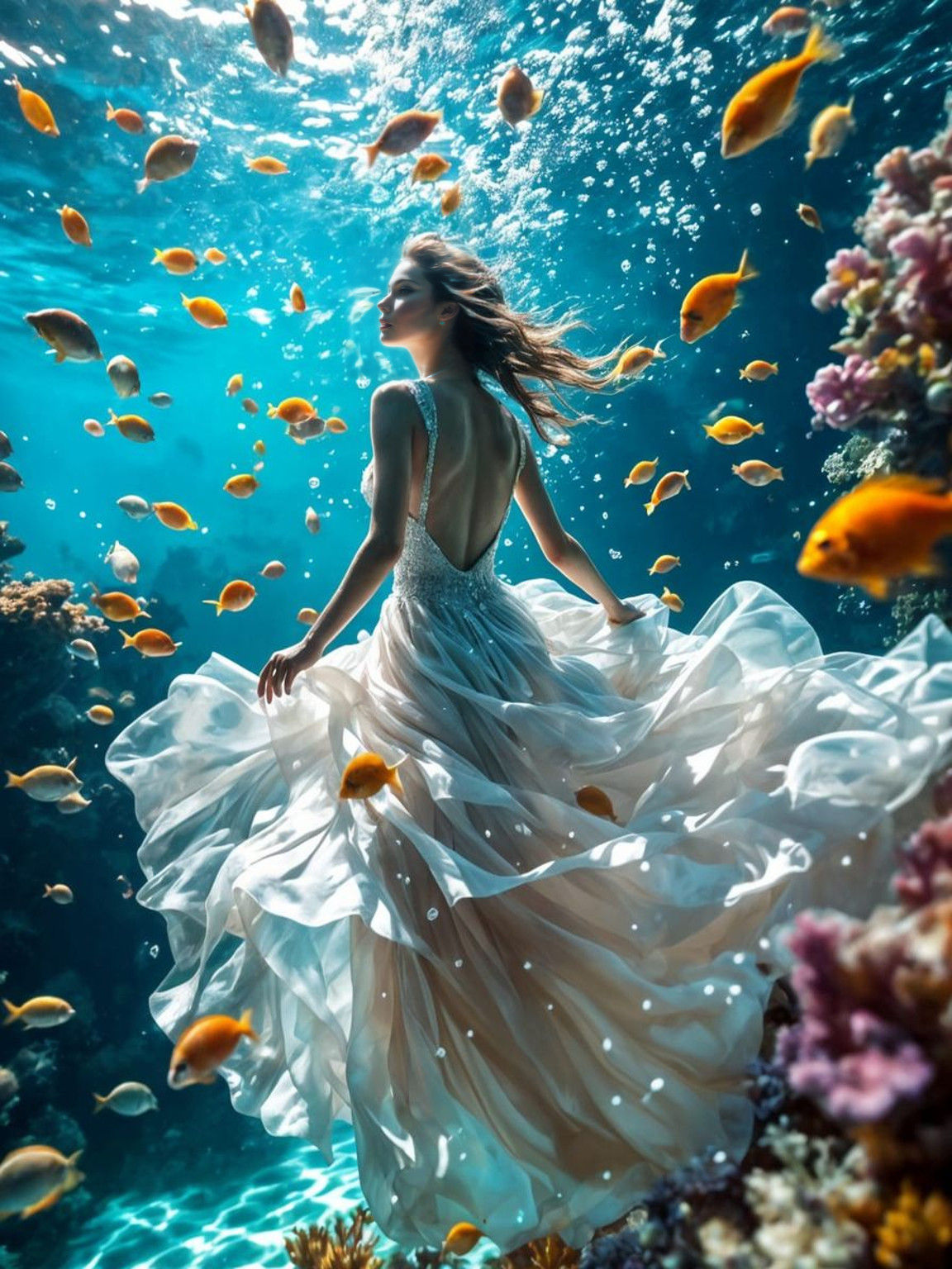 Enchanting Underwater Goddess in Ethereal Gown