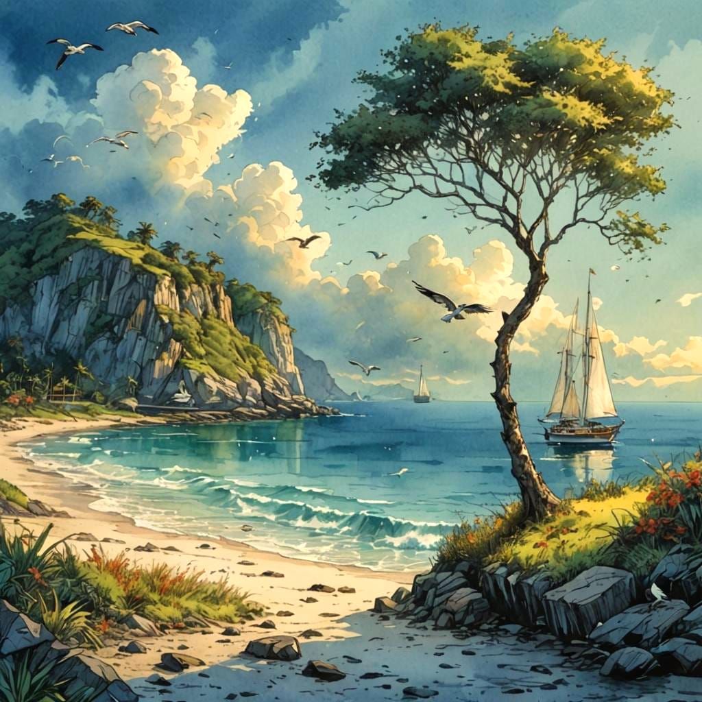 Island Seagulls in Comic Book Watercolor Style