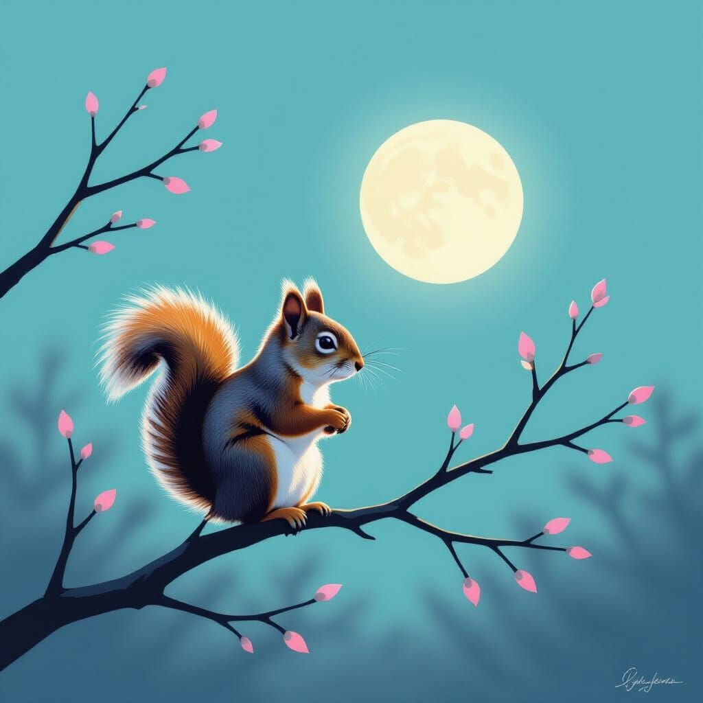 Squirrel on Branch Under Ethereal Moonlight