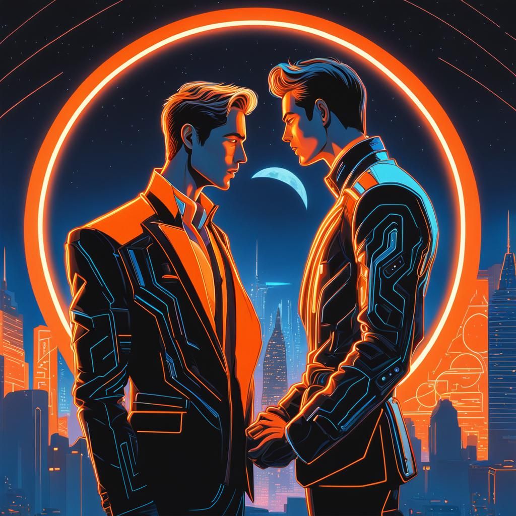 Sensual Gay Couple in Tron Suits, Cyberpunk Romance