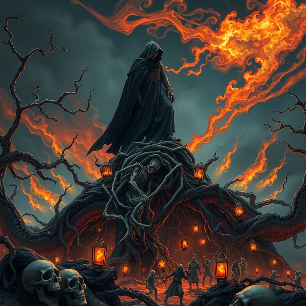 Eerie Gathering in a Dark Surrealist Underworld